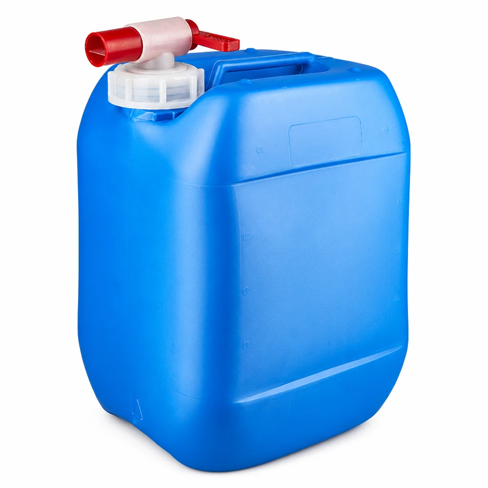 Stevige kunststof jerrycan van 10 liter in blauw met een rode doseerkraan voor vloeistoffen