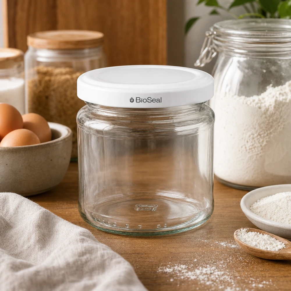 212ml rond glas met BioSeal deksel wit UNiTWIST UNiTWIST Runda212 lege glazen pot met wit TO66 BioSeal deksel in de keuken tussen bloem, eieren en bakingrediënten