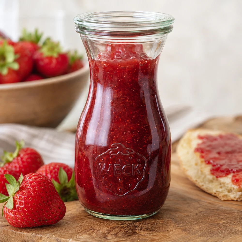 WECK sapfles 290ml RR60 gevuld met rode aardbeienjam naast verse aardbeien en brood op een houten plank
