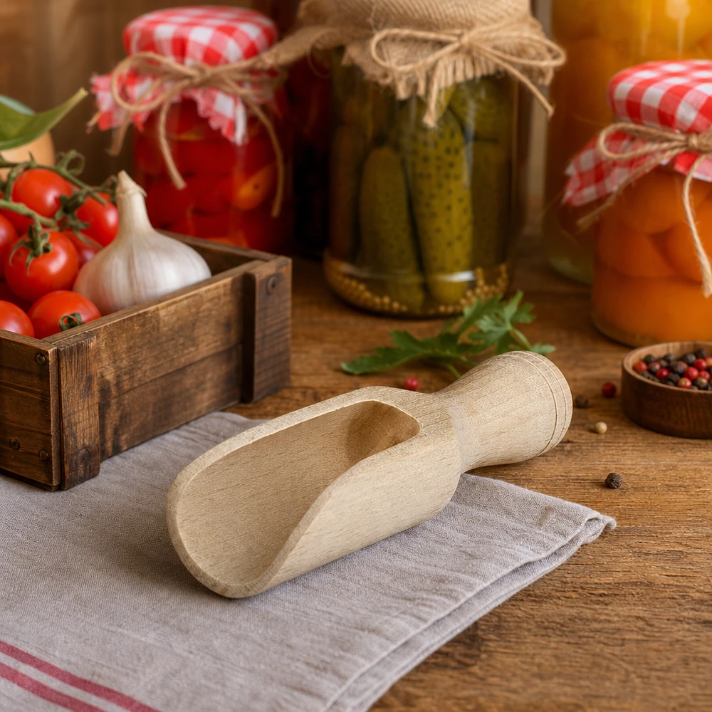 Klein beukenhouten schepje 7,5 cm in rustieke keuken met ingemaakte groenten en verse tomaten Lifestyle sfeer