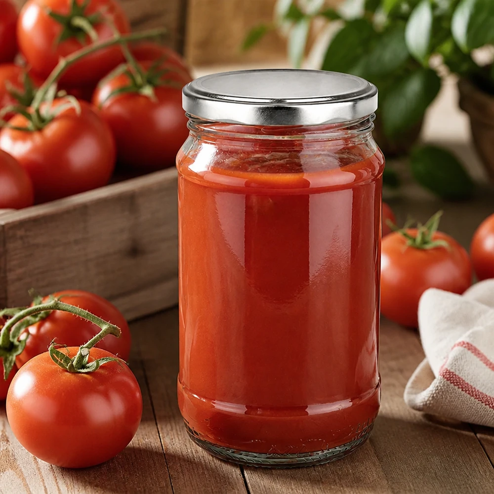 Rond glas van 370 ml + BasicSeal zilver UNiTWIST Klein inmaakpotje van 370 ml met een metalen veiligheidsdeksel, gevuld met fruitige tomatensugo