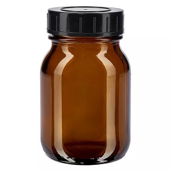 75ml amberkleurig glazen flesje met wijde hals en schroefdop 75 ml fles met wijde hals, gemaakt van amberkleurig glas met zwarte schroefdop voor een veilige bescherming van de inhoud