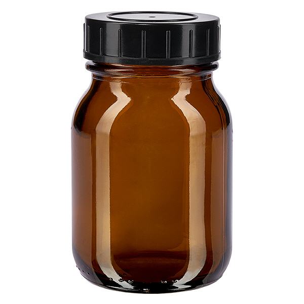 75ml amberkleurig glazen flesje met wijde hals en schroefdop 75 ml fles met wijde hals, gemaakt van amberkleurig glas met zwarte schroefdop voor een veilige bescherming van de inhoud