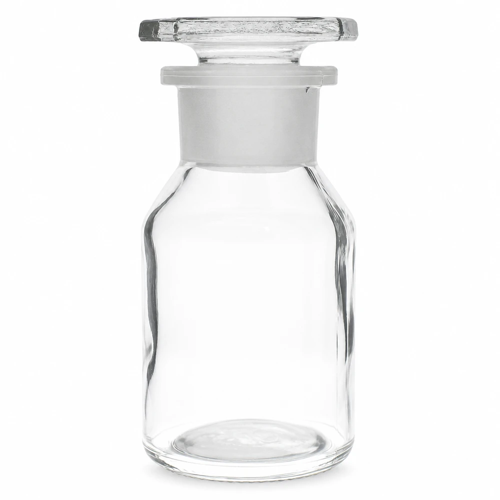 Doorzichtige fles met steile borst, 50 ml, met brede hals en bijpassende schroefdop van helder glas