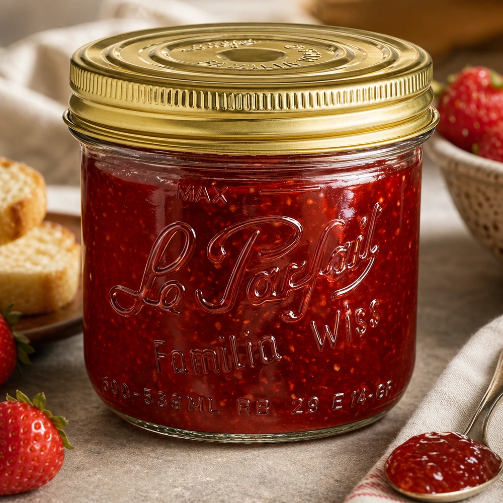 539ml Familia Wiss pot met gouden deksel gevuld met rode jam naast verse aardbeien en brood