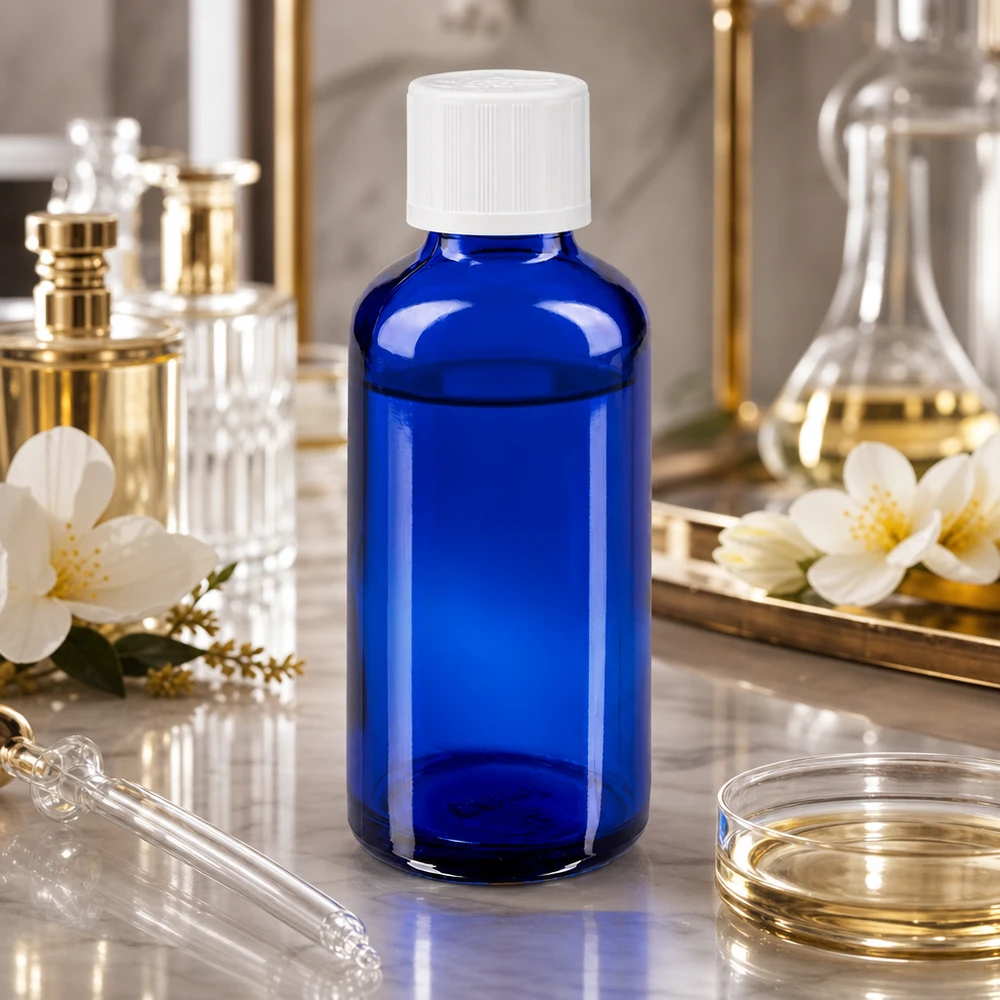 Blauwe farmaceutische glazen fles van 50 ml met kindveilige sluiting, naast een pipet en een petrischaal met olie