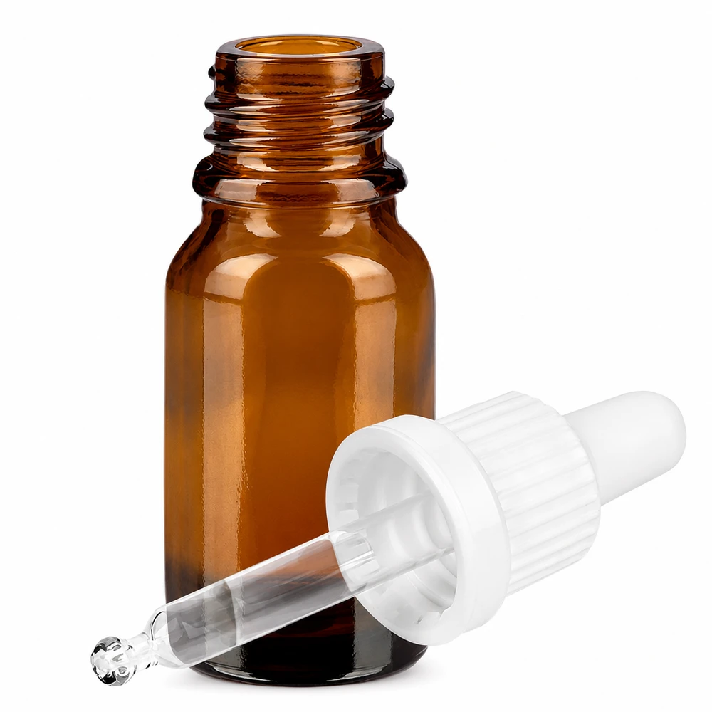 Bruin glazen flesje van 10 ml met pipet en witte dop voor laboratorium- en cosmetisch gebruik
