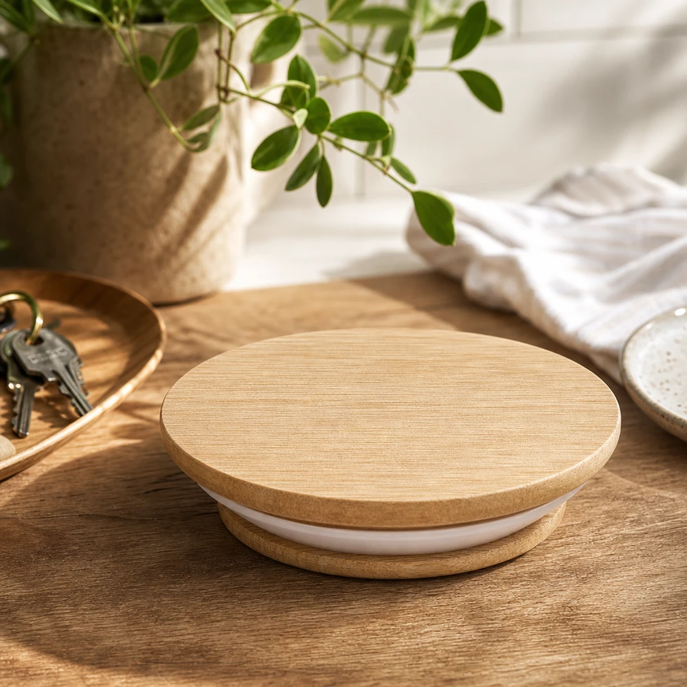 Houten deksel WECK RR40 Eik op houten tafel Lifestyle sfeer met plant en decoratie natuurlijke woonkeuken accessoires