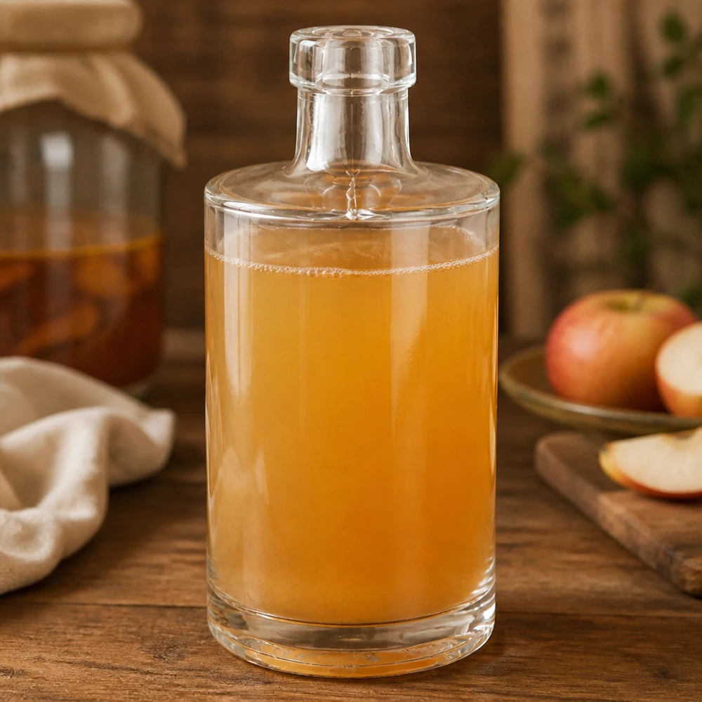 350ml glazen fles Marie gevuld met appelsap rustiek versierd verse appels houten tafel natuurlijkheid Afbeelding 8 van 10