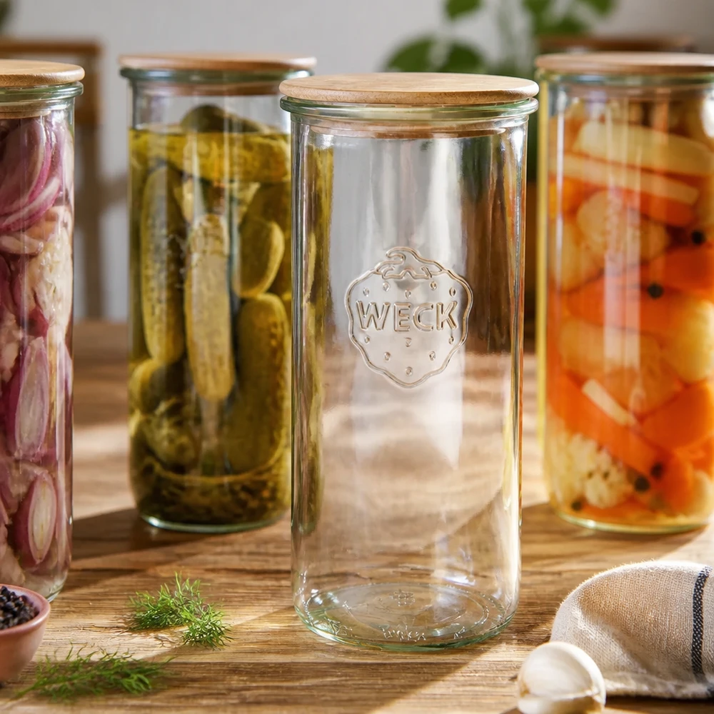 1500ml stortglas WECK RR100 met hout deksel WECK RR100 1500ml glazen pot met houten deksel tussen ingemaakte groenten op een houten tafel rustieke keuken scène