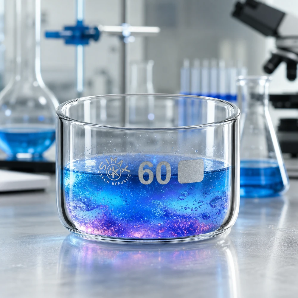 Kristalliseerschaal 60ml zonder schenktuit Laboratoriumschaal van 60 ml, borosilicaatglas, met een bruisende blauwe oplossing en een kleurverloop van violet naar blauw