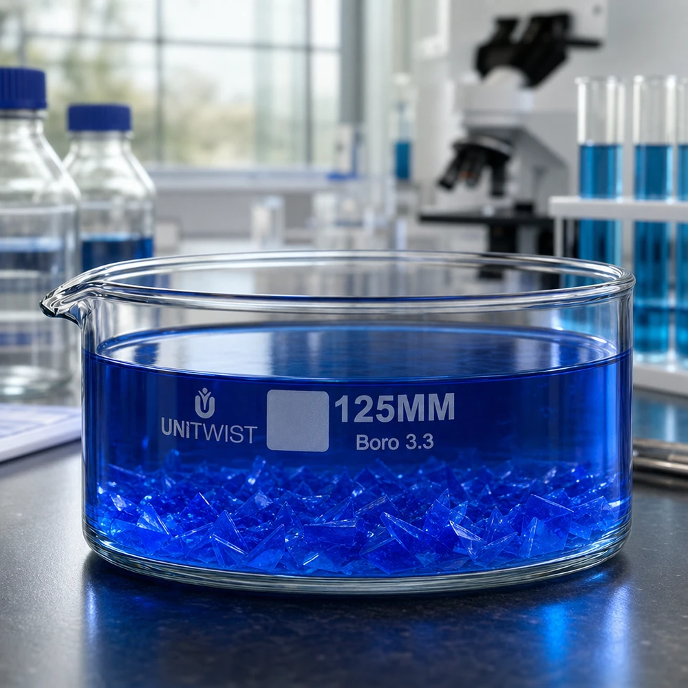 Kristalliseer schaal ø125mm borosilicaatglas UNiTWIST Kristallisatieschaal UNiTWIST 125 mm, platte glazen schaal met uitloop en blauwe kristaloplossing, laboratorium