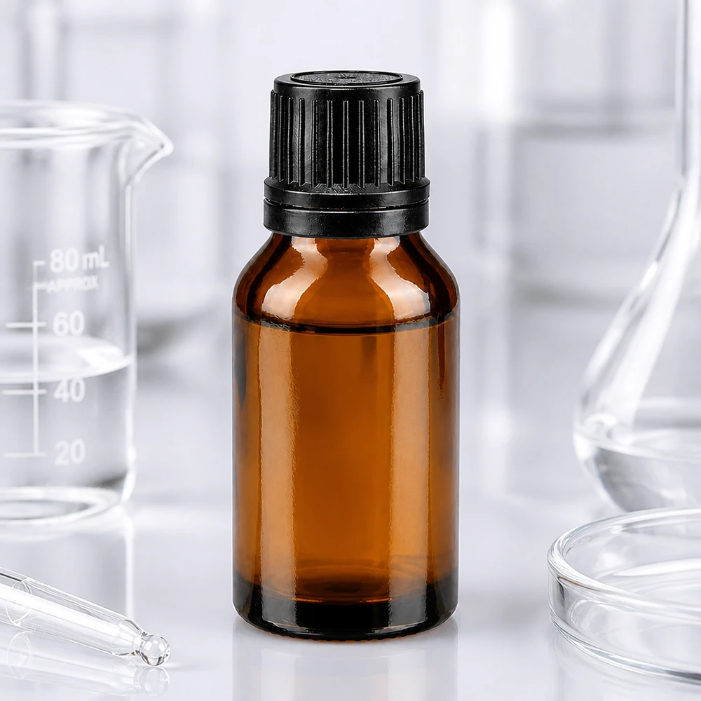 Bruine glazen fles 15ml met zwart druppelsluiting 1mm VR Apothekersflesje van 15 ml, bruin glas met zwarte druppeldop en een precisieopening van 1 mm, vervaardigd in het laboratorium
