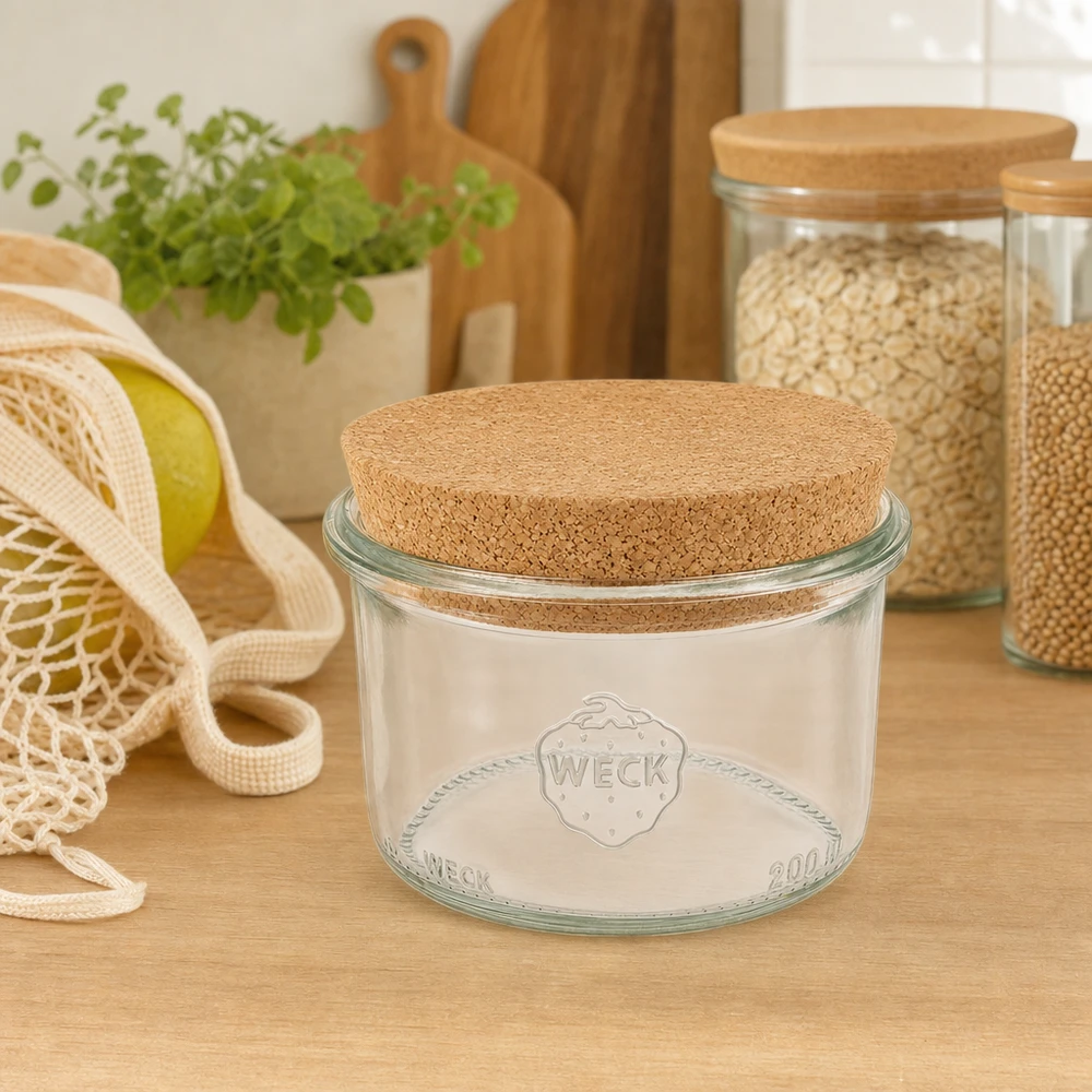 200ml stortglas WECK RR80 met kurk WECK 200ml RR80 mason jar met kurkdeksel in duurzame zero-waste keuken tussen voorraadpotten en jute zakken