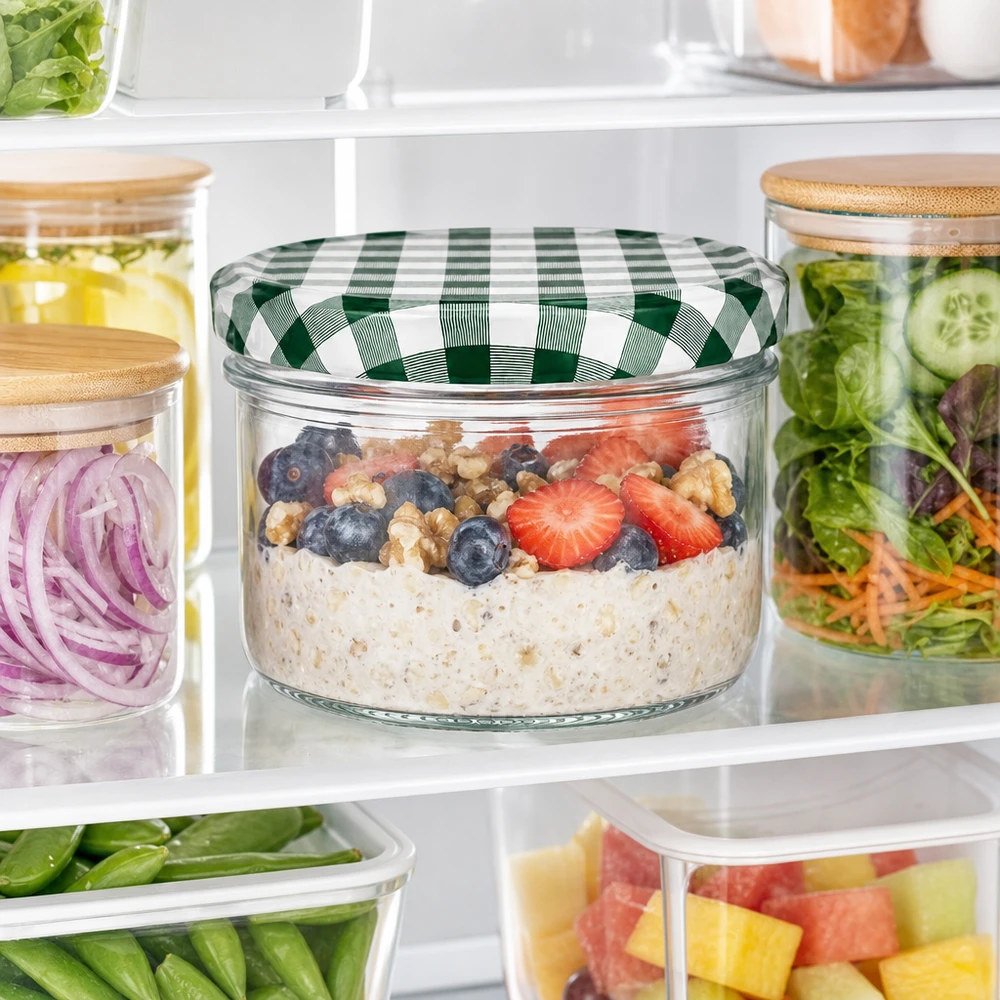 230ml cilindrische pot met BasicSeal deksel groen/wit UNiTWIST 230 ml inmaakpot met overnight oats en bessen in de koelkast naast andere maaltijdverpakkingen