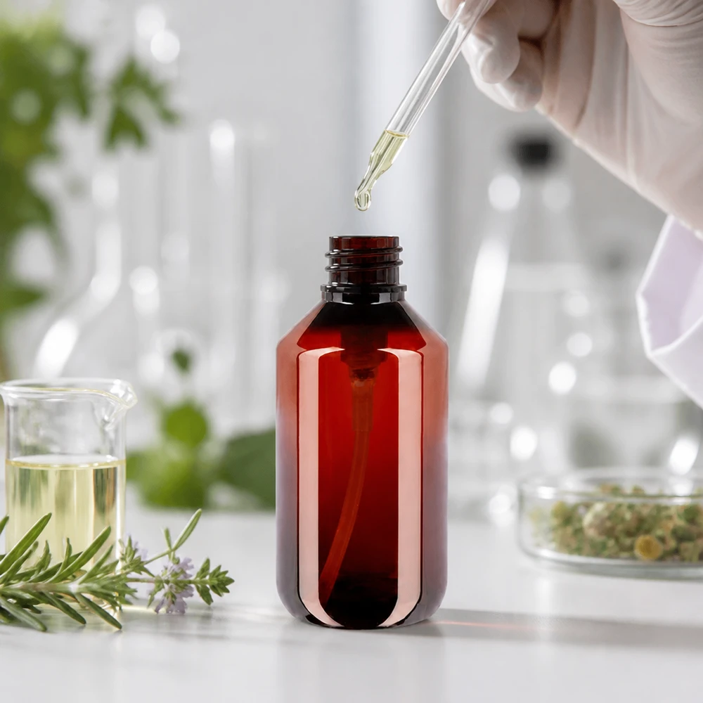 200 ml PET medicijnfles met wit dispenserpomp, standaard Nachhaltige 200ml PET Dispenserflasche braun mit Pumpe für Hautpflege und Seren