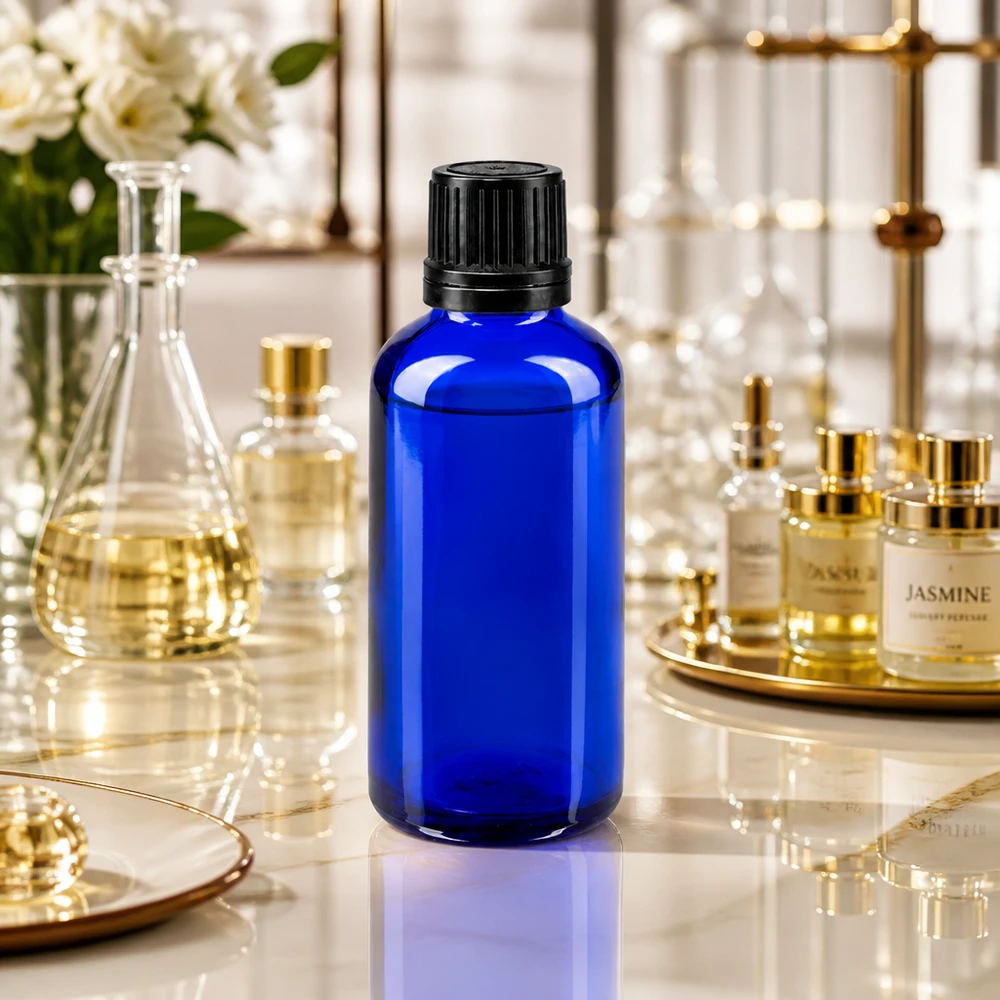 Blauwe glazen flessen 50ml met zwart schroefsluiting uitgietring VR Blauwe glazen fles van 50 ml met kindveilige OV-sluiting voor cosmetica en aromatherapie