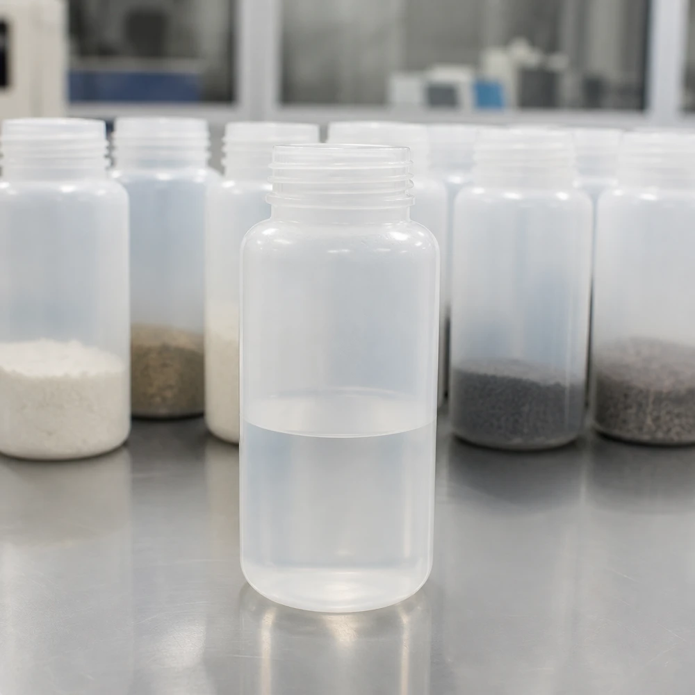 Enkele duizend laboratoriumflessen met brede hals van 1000 ml zonder dop, met verschillende vaste stoffenmonsters in het laboratorium