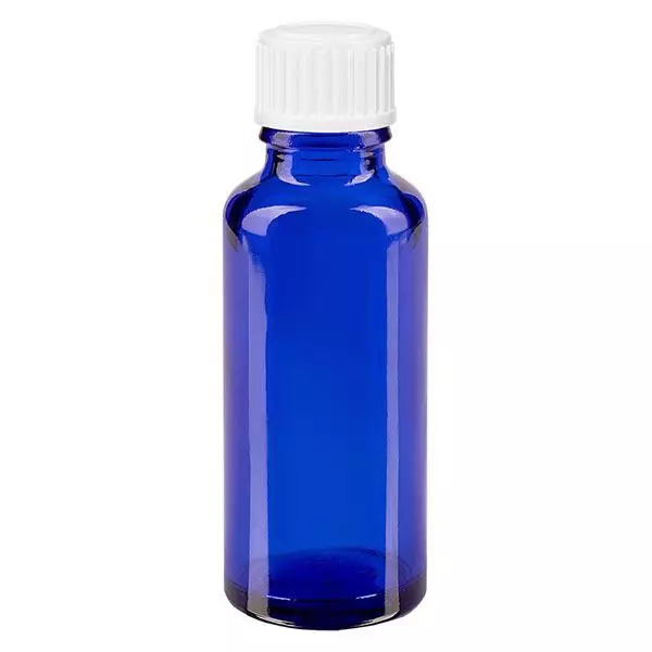 Blauwe glazen flessen 30ml met wit druppelsluiting 0.8mm St