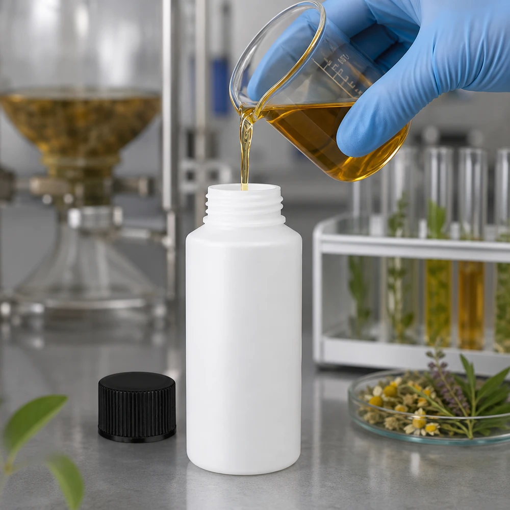 Laboratoriumafvulling in een witte, voedselveilige HDPE-fles van 30 ml met een zwarte schroefdop
