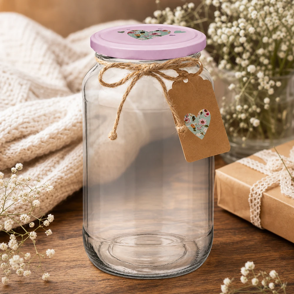 Ronde pot 1062 ml + deksel BasicSeal roze hart UNiTWIST 1062 ml BasicSeal ronde pot met roze hartvormig deksel, jute strik en cadeaulabel als decoratieve verpakking