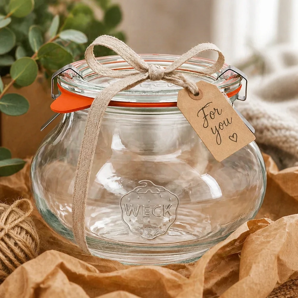 WECK juwelenpot 560ml decoratief verpakt met lint en cadeaulabel, cadeau-idee