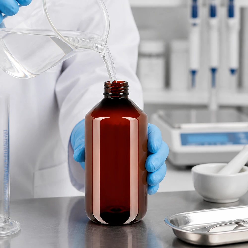 Bruine PET-fles van een halve liter met een witte, geribbelde originele sluiting voor de farmacie en het laboratorium