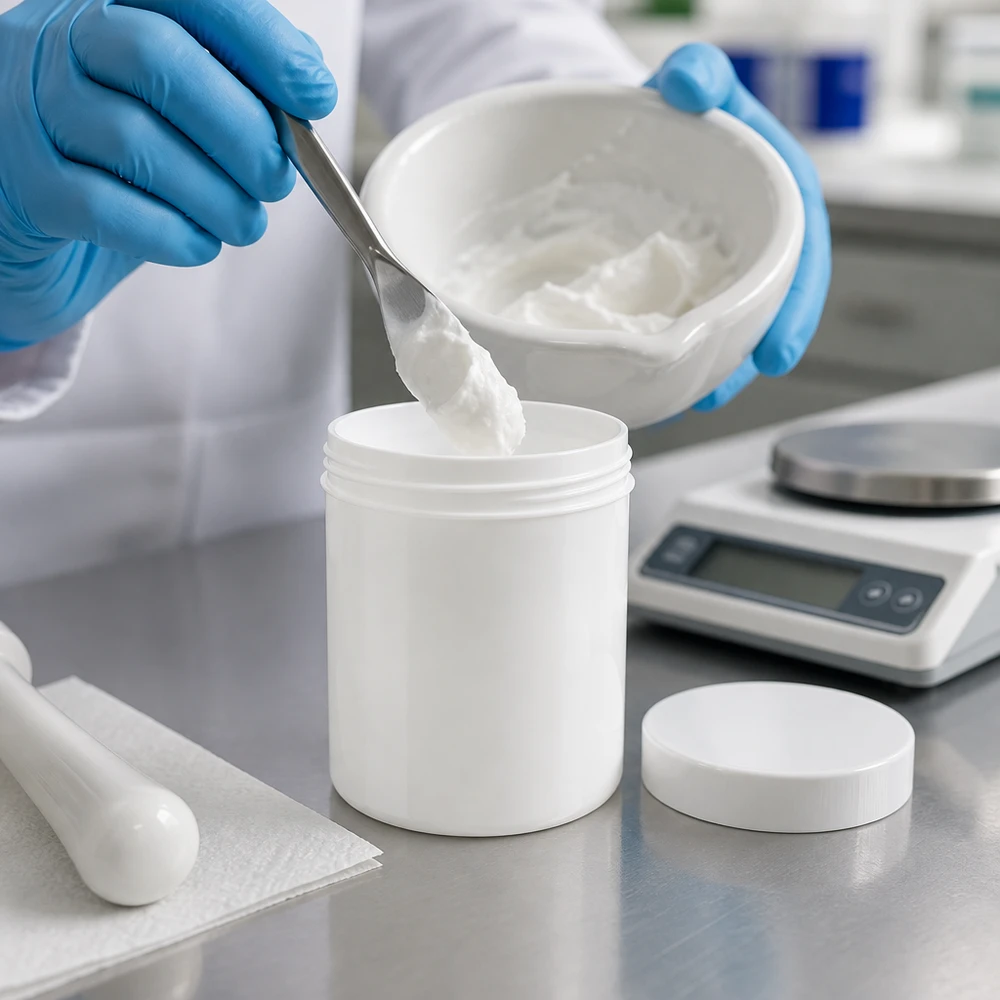Witte PP-pot van 20 g met verwijderde schroefdop naast een precisieweegschaal in het laboratorium