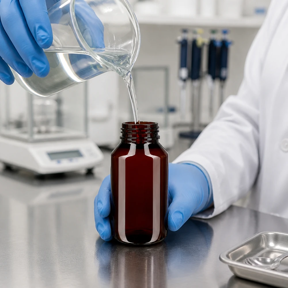 Lichtwerende bruine PET-fles van 50 ml met rode originaliteitsdop, aangebracht tijdens de productie
