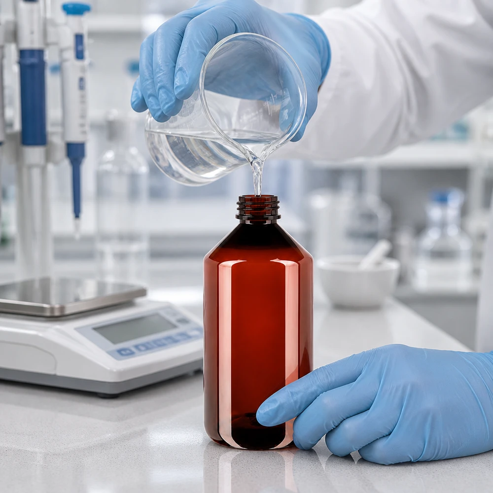 Chemiebestendige PET-fles van 750 ml, bruin, met kindveilige originele OV-sluiting