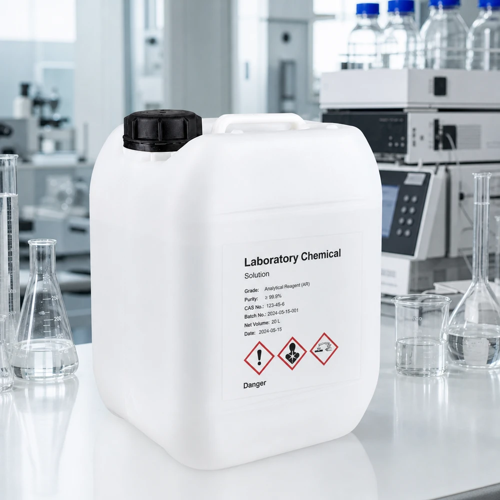 5l jerrycan, UN-toelating, met schroefsluiting Doorzichtige witte jerrycan van 5 liter met ‘Danger’-markering voor gevaarlijke stoffen, bestemd voor laboratoriumgebruik