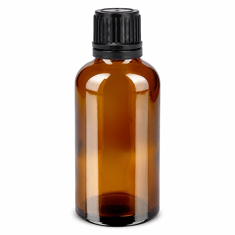 50ml Flessen 11mm SV zwart OV BrownLine UT18/50 Bruin glazen flesje van 50 ml met zwarte schroefdop voor essentiële oliën en cosmetica