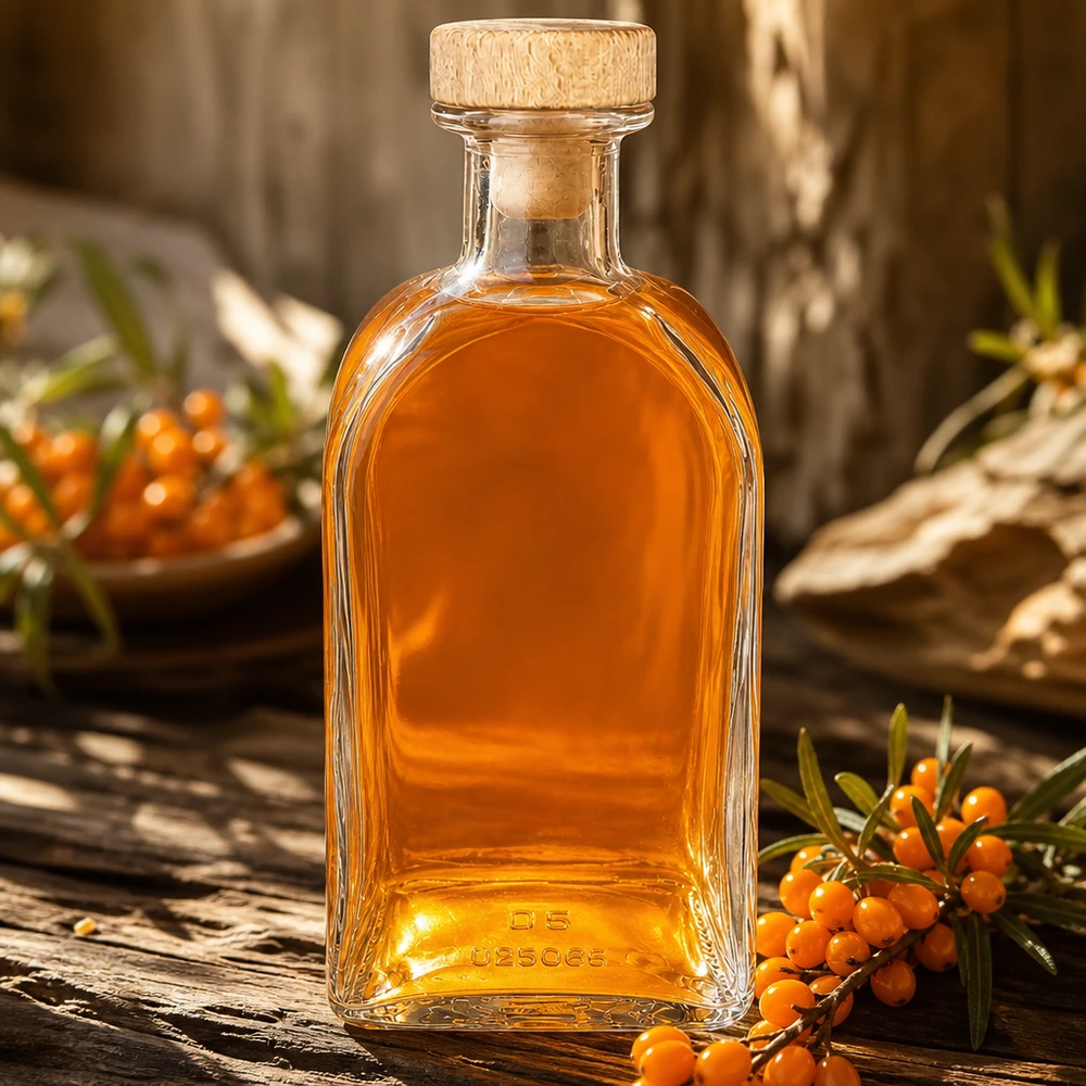 500 ml apothekersfles Julia met houten handvat en kurk UNiTWIST® 500ml Julia glazen fles met houten kurk gevuld met amberkleurige vloeistof op een houten tafel met duindoornbessen