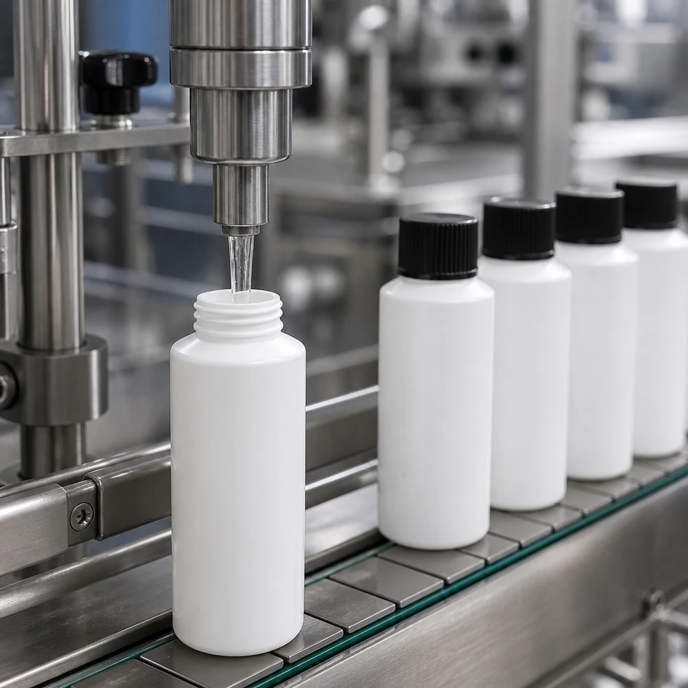 Nauwkeurige afvulling van vloeistof in een witte HDPE-apotheekfles van 30 ml met een zwarte veiligheidsdop