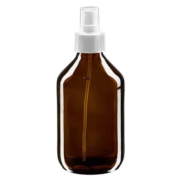 250ml Euro-medicijnfles bruin met verstuiver wit incl. dop transparant 250ml Euro-medicijnfles bruin met verstuiver wit incl. dop transparant