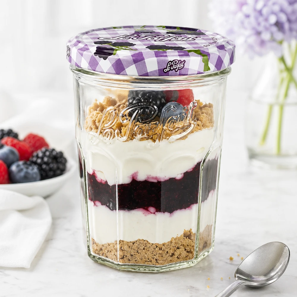Le Parfait tumblers 385ml gevuld met bessengelaagd dessert toont veelzijdig gebruik als dessertglas