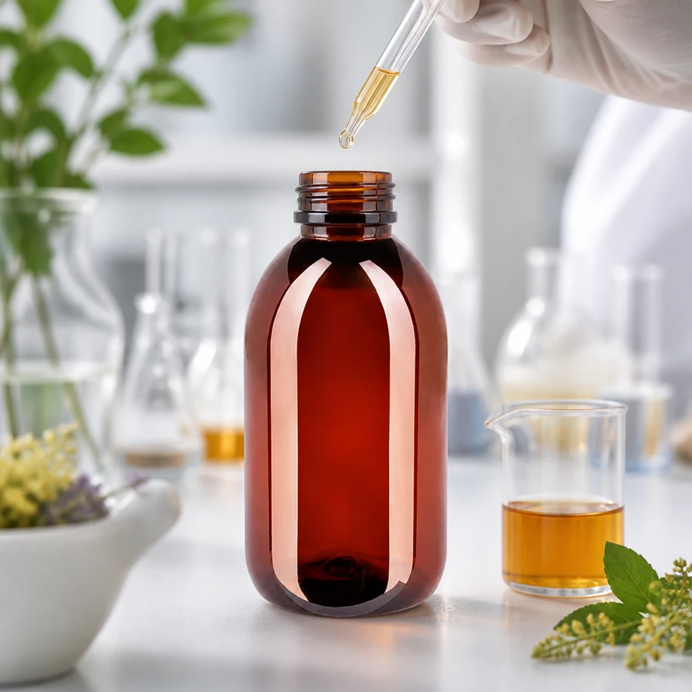 50 ml PET medicijnfles met verstuiver zwart GCMI 28/410 incl. dop transparant, standaard Ronde PET-fles van 250 ml in bruin met een blauwe schroefdop en een verzegeling