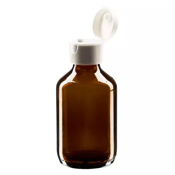 150 ml Euro-medicijnfles / siroopfles bruin met witte klapsluiting 150 ml Euro-medicijnfles / siroopfles bruin met witte klapsluiting