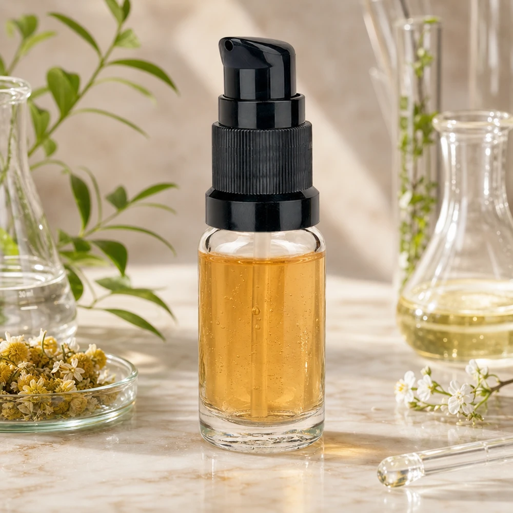 Doorzichtige fles van 10 ml met zwarte pomp en amberkleurig serum in een laboratoriumomgeving