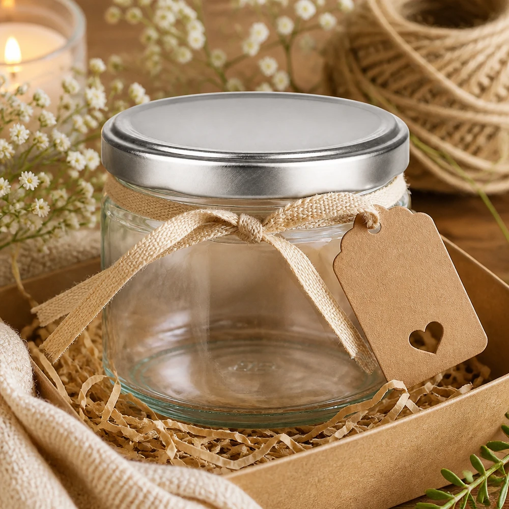 330 ml ronde pot met zilveren BasicSeal deksel als geschenk gedecoreerd met strik en label in geschenkverpakking