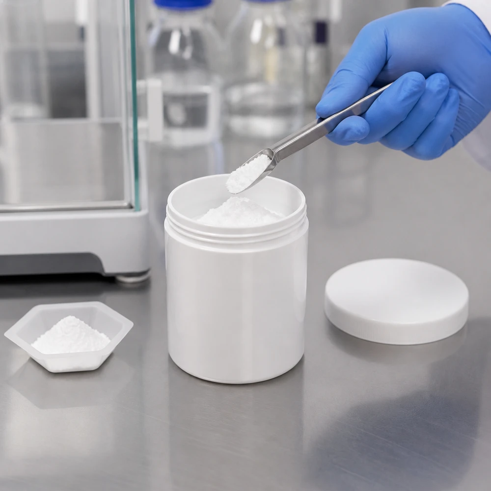 Apotheekpotje met een inhoud van 75 ml, gemaakt van wit PP, met een schroefdeksel met UV-bescherming