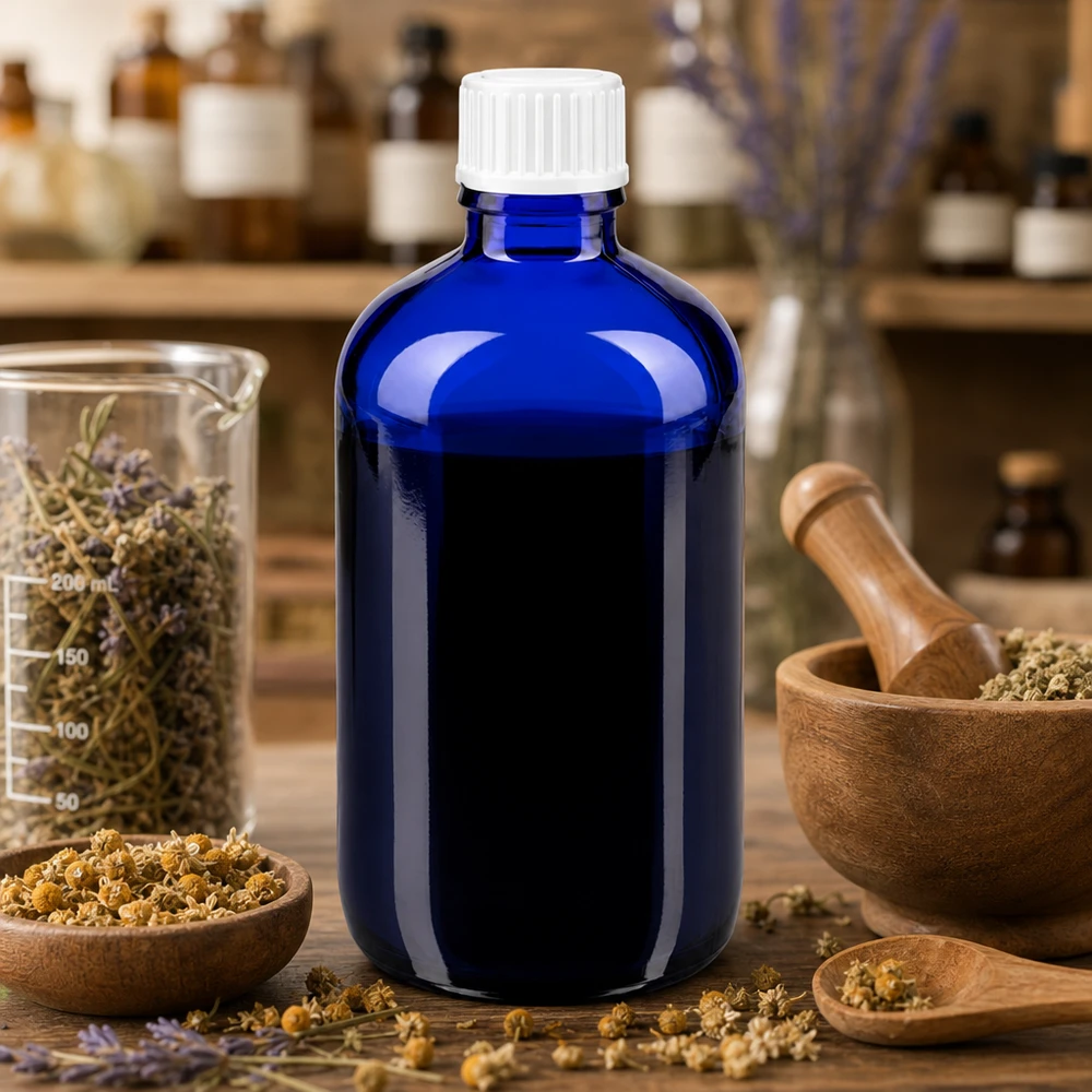 Blauwe glazen flessen 100ml met wit schroefsluiting globuli uitgietring St Cilindrische blauwe glazen fles van 100 ml, standaarduitvoering met witte dop, in een kruidige sfeer