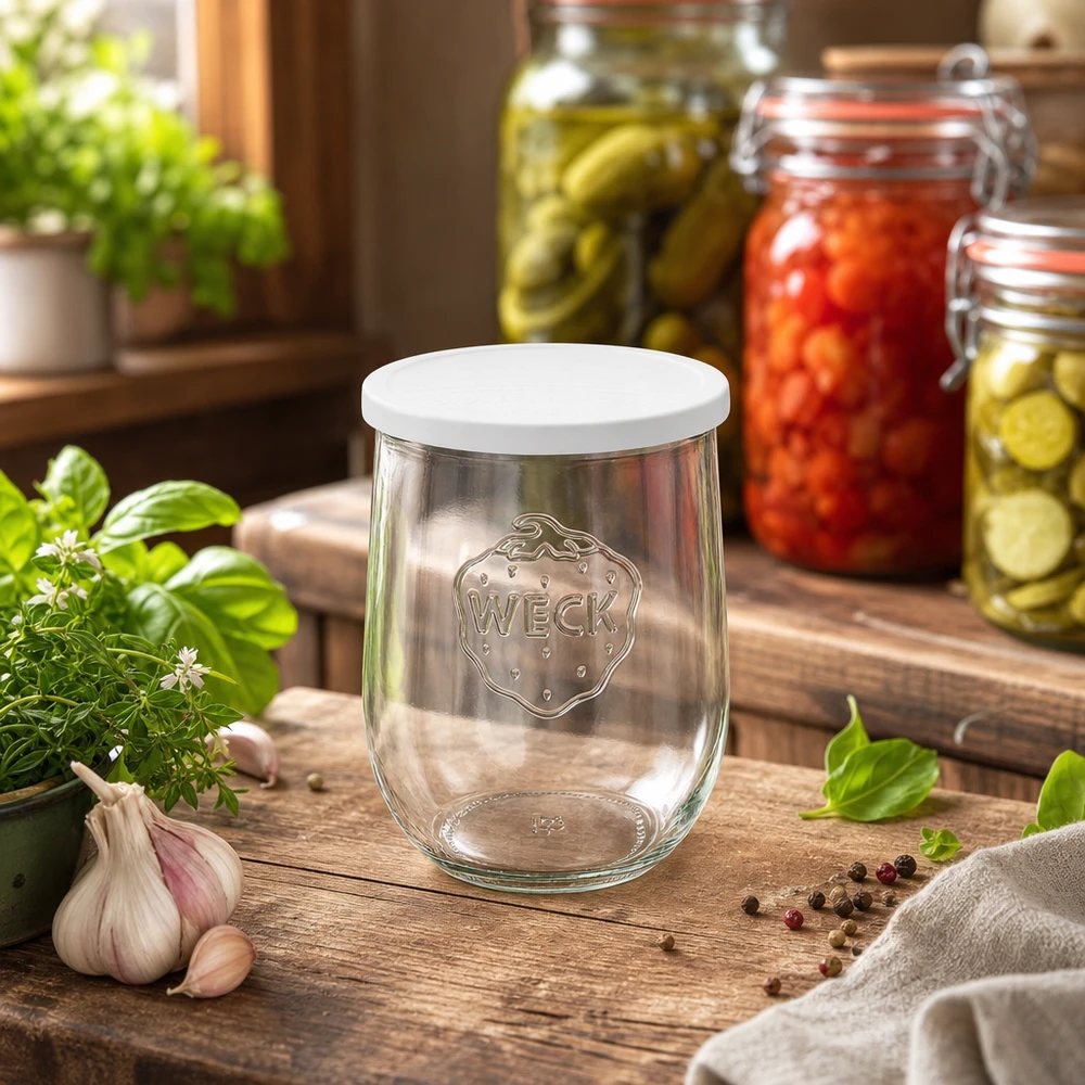 1062ml tulpenglas met vershouddeksel WECK RR100 WECK tulpenpot 1062ml in keuken met ingemaakte groenten en verse kruiden decoratief gerangschikt