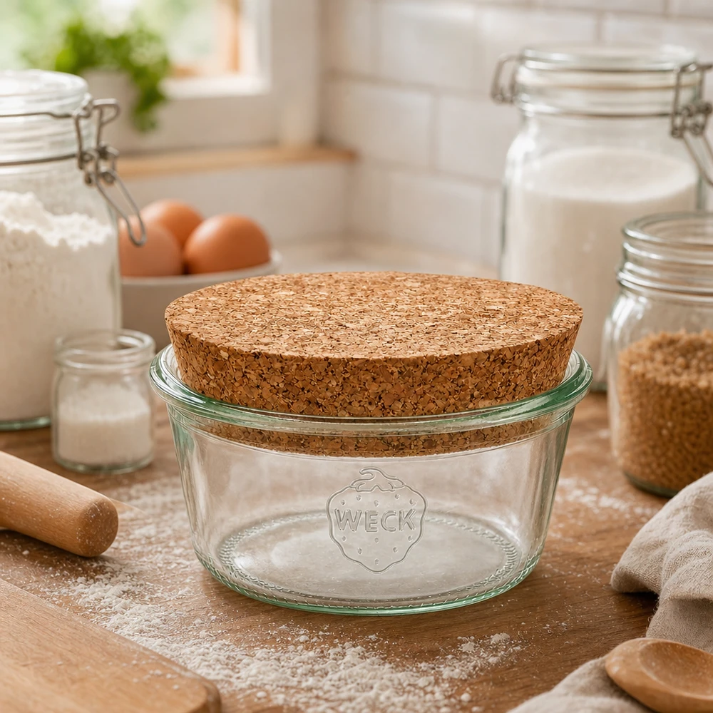 290ml stortglas laag WECK RR80 met kurk WECK RR100 bekers 290ml met kurkdeksel in de keuken tussen meel, eieren en voorraadpotten als bakaccessoires