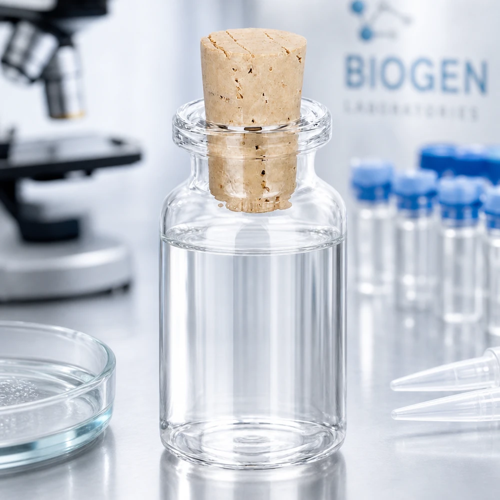 Injectiefles helder glas 10ml met kurk 11/14mm Apothekerflasche Klarglas 10ml mit Naturkorken 11/14mm teilweise mit Flüssigkeit gefüllt