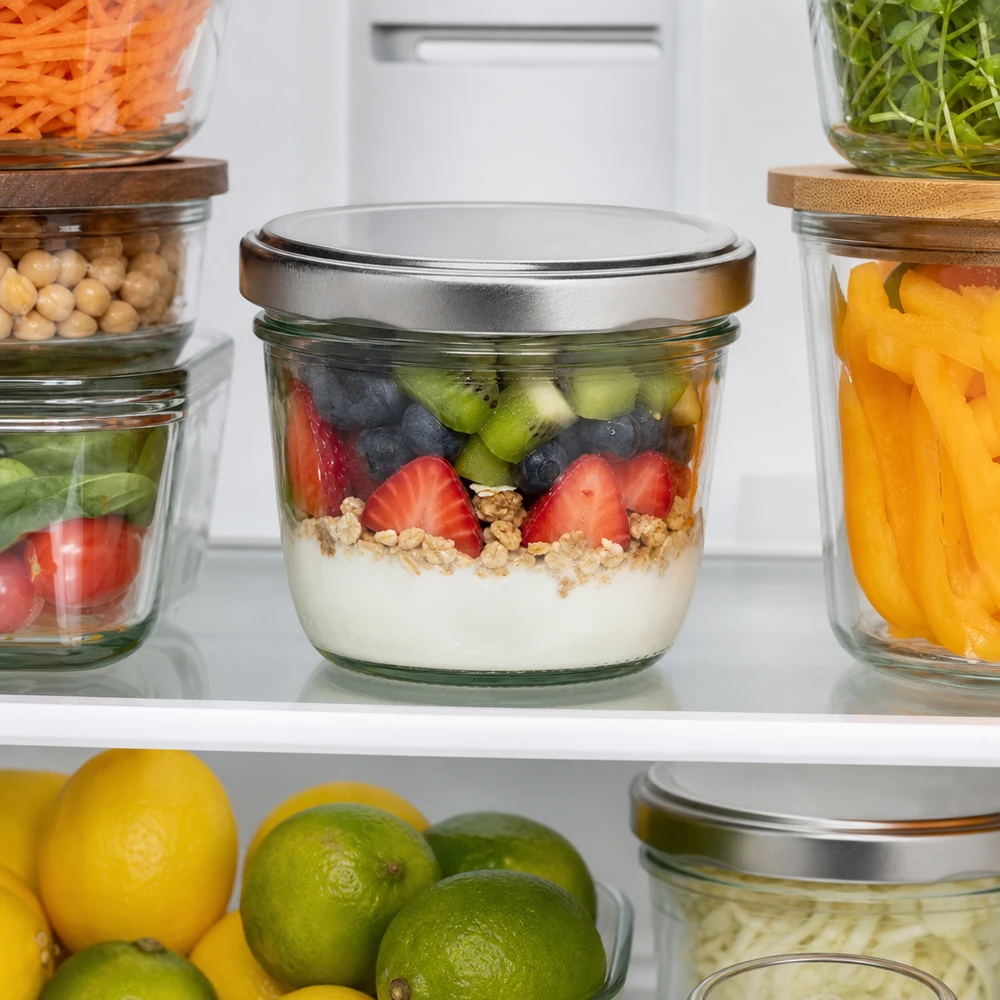 230 ml bekers met zilveren BasicSeal deksel praktisch in de koelkast met Meal Prep opslag georganiseerd