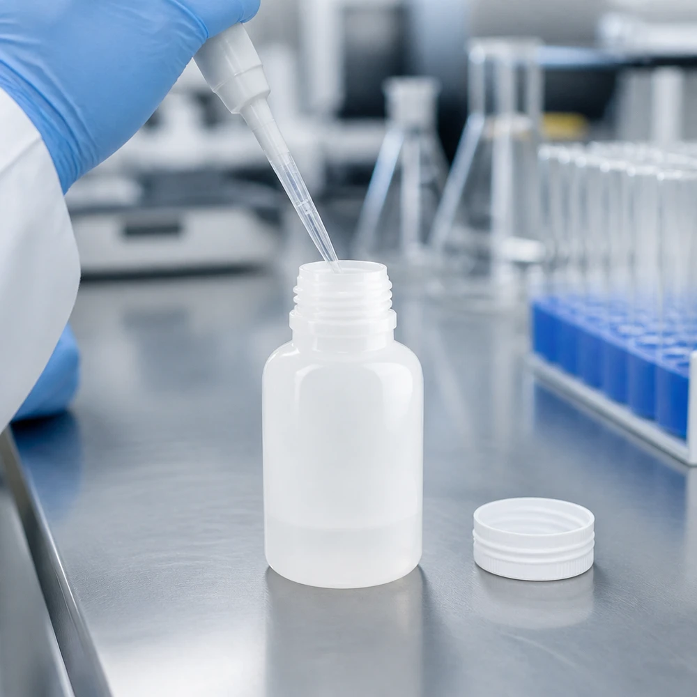 Een geopende laboratoriumfles van 250 ml tijdens het vullen met een pipet in een wetenschappelijk laboratorium