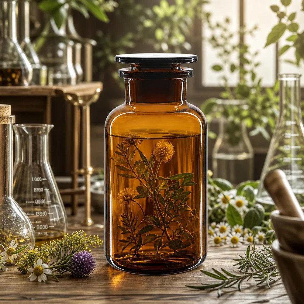 Bruine voorraadfles van 500 ml met glazen stop en een ontwerp met ronde schouders, voor geneeskrachtige kruiden