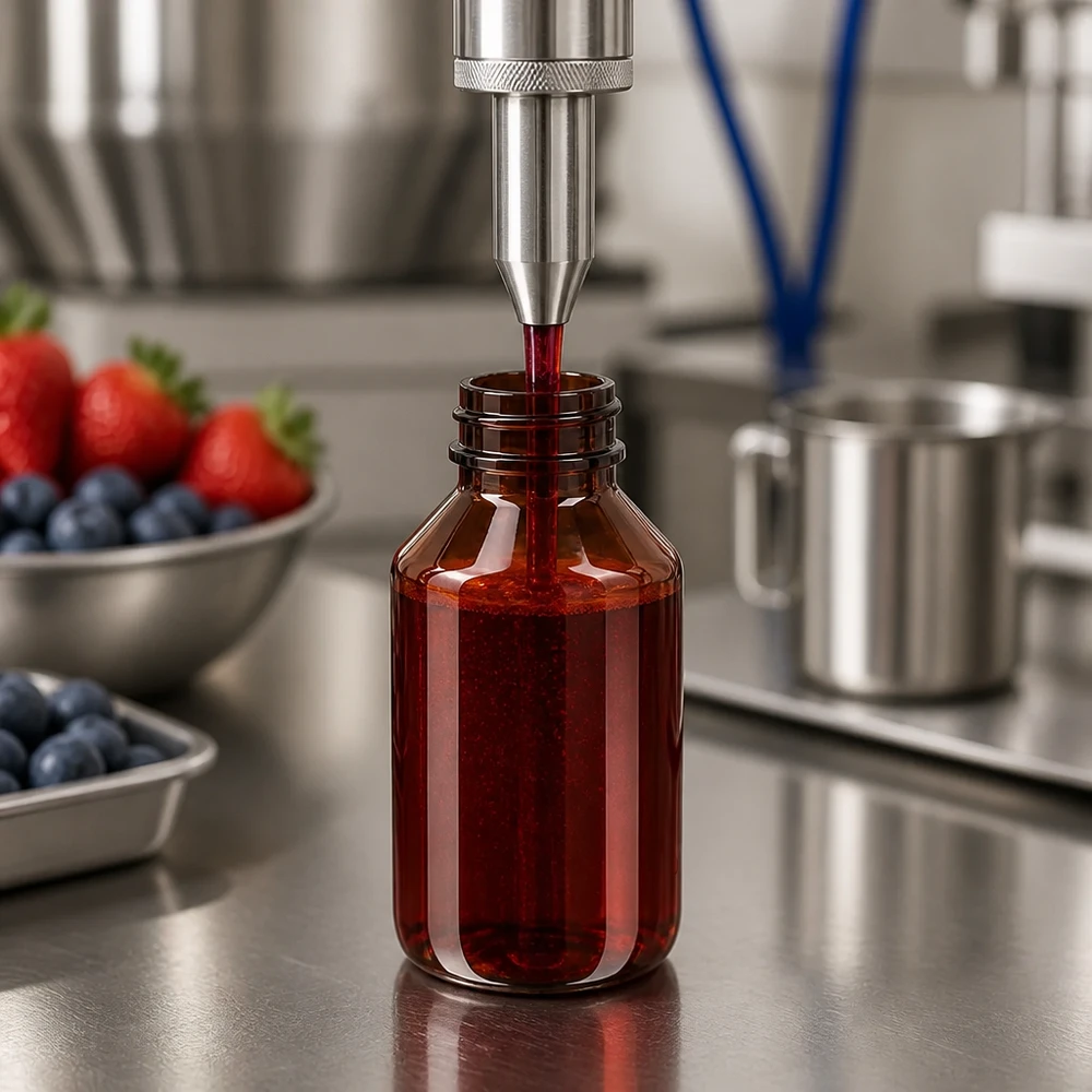 Voedselverwerking met aardbeien en bosbessen naast een PET-fles van 50 ml tijdens het afvullen