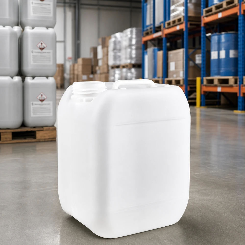 Doorschijnende kunststof jerrycan van 5 liter zonder sluiting in de chemische opslagruimte
